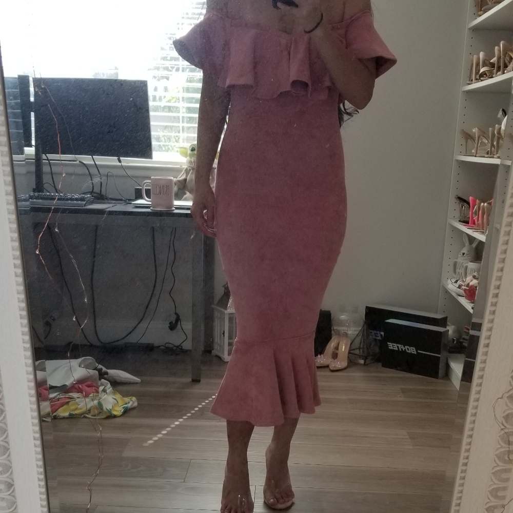 Fashion Nova Suede Bardot Mauve Pink Midi Dress